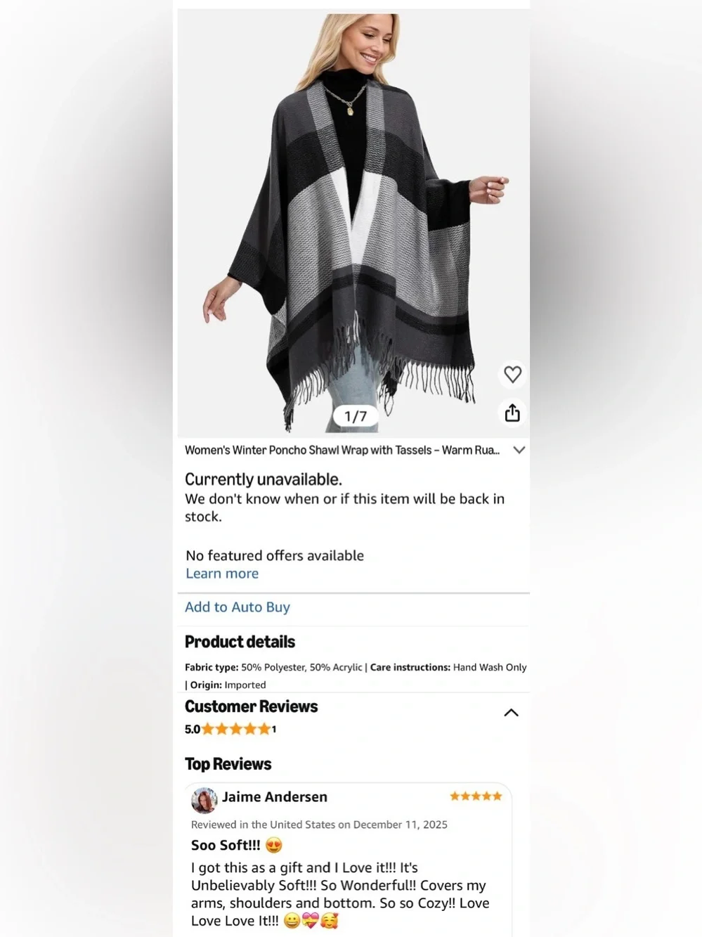 HOLDINA Plaid Ruana Poncho Shawl Wrap Fringe Open Front Oversized Gray Black